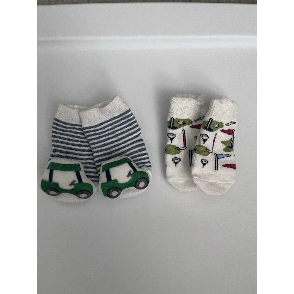 Baby Socks White/Blue/Green Striped Vehicles Theme 2 Pairs One Size